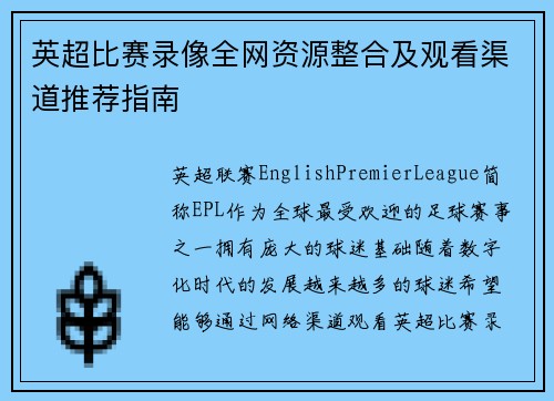 英超比赛录像全网资源整合及观看渠道推荐指南