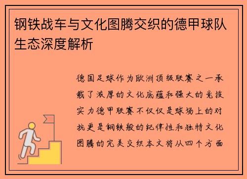 钢铁战车与文化图腾交织的德甲球队生态深度解析