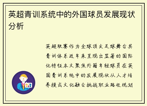 英超青训系统中的外国球员发展现状分析